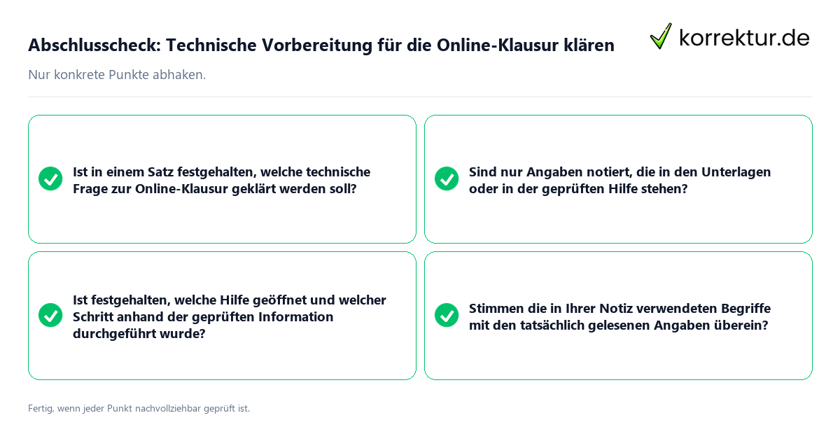 Konkreter Abschlusscheck zu Technische Vorbereitung für die Online-Klausur klären