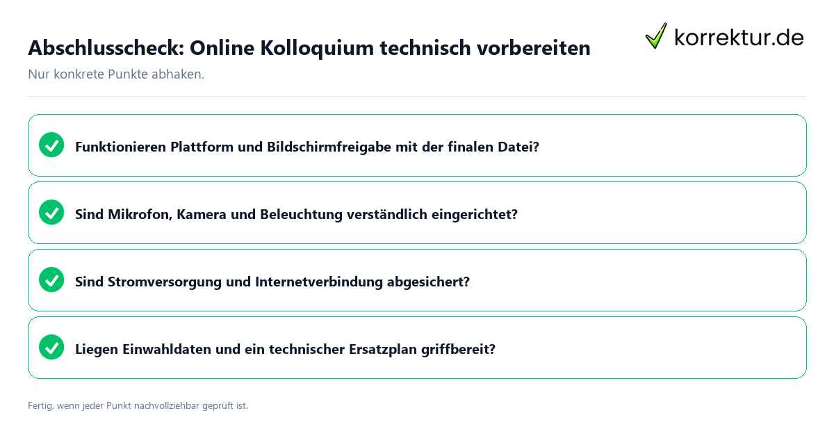 Konkreter Abschlusscheck zu Online Kolloquium technisch vorbereiten