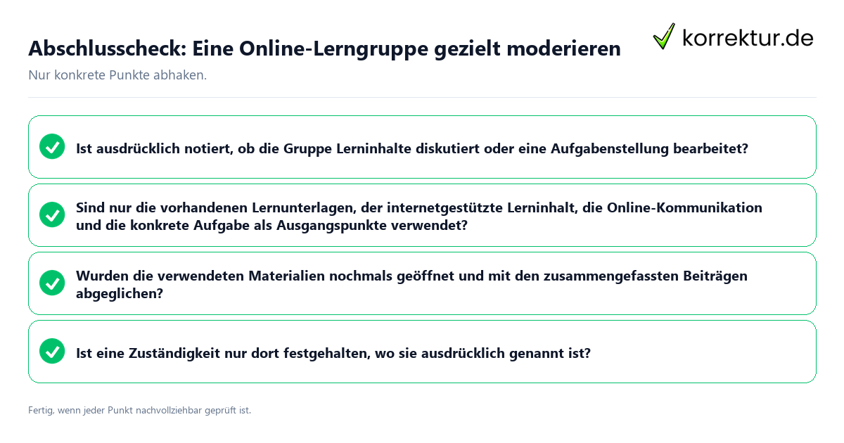 Konkreter Abschlusscheck zu Eine Online-Lerngruppe gezielt moderieren