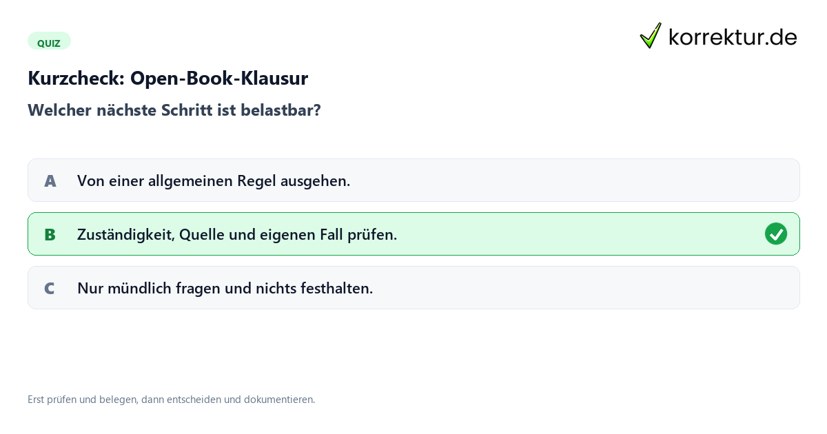Kurzcheck: Open-Book-Klausur Open-Book-Klausur mit einem Kurzquiz zum sinnvollen nächsten Schritt