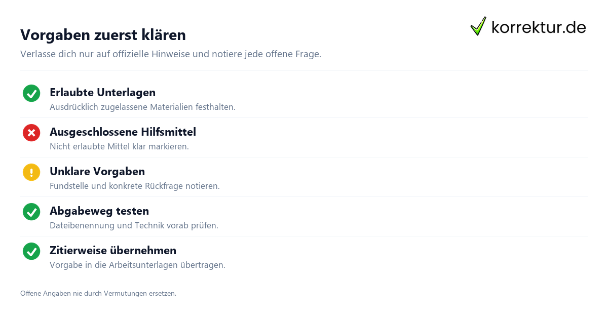 Vorgaben zuerst klären Eine Open-Book-Klausur sinnvoll vorbereiten mit einer Checkliste für offizielle Vorgaben