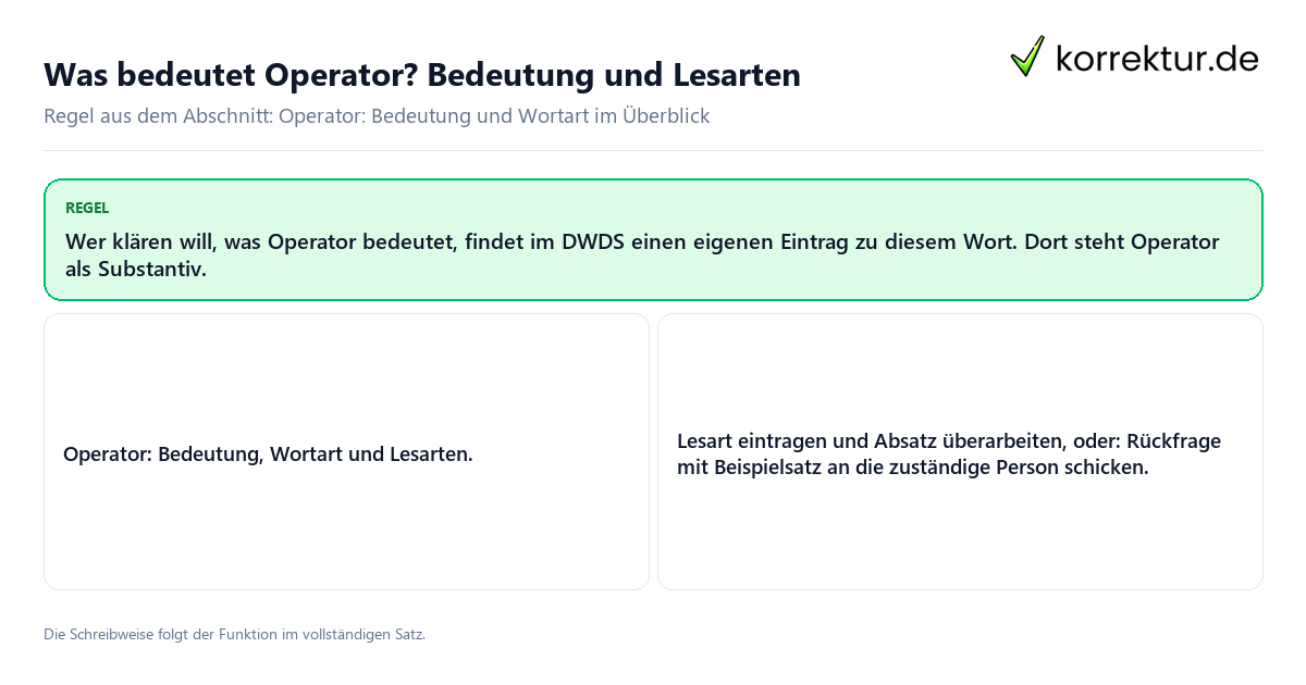 Was bedeutet Operator? Bedeutung und Lesarten Konkrete Regel und vollständige Beispielsätze zu Was bedeutet Operator? Bedeutung und Lesarten