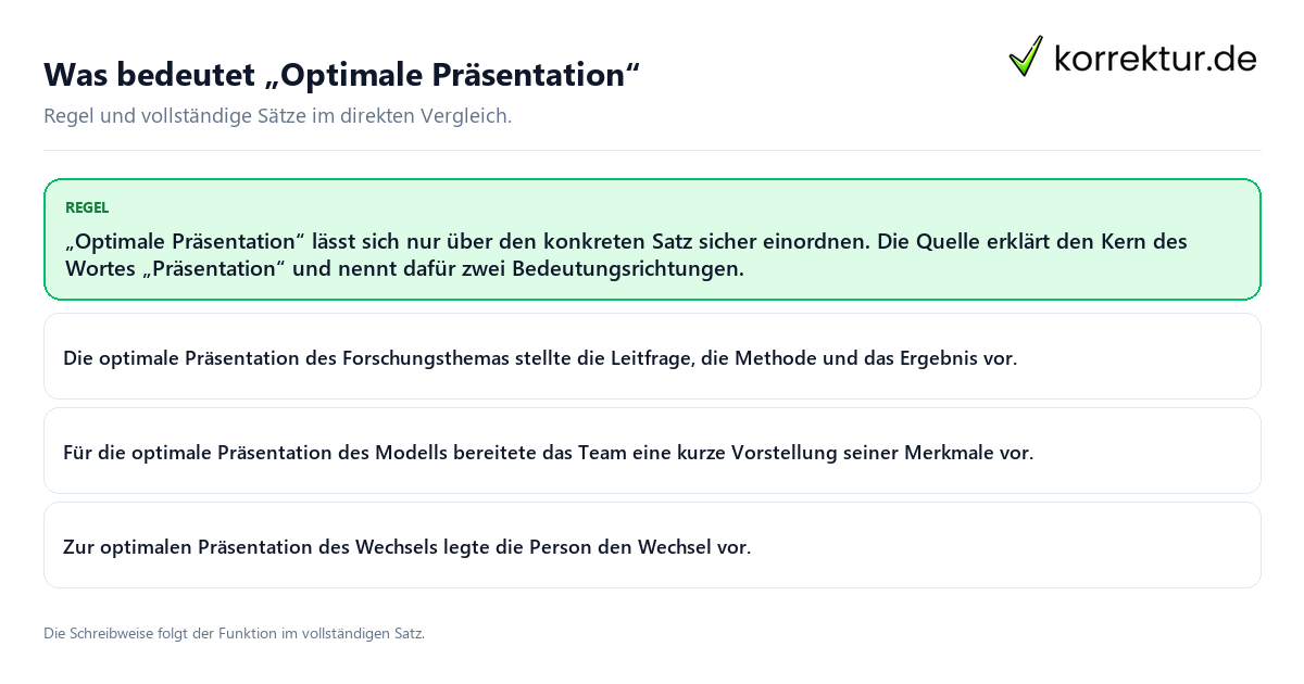 Was bedeutet „Optimale Präsentation“ Konkrete Regel und vollständige Beispielsätze zu Was bedeutet „Optimale Präsentation“