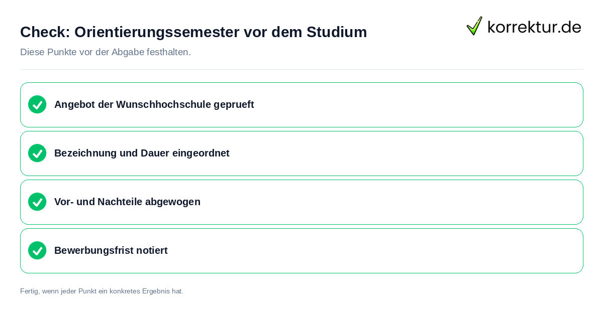 Check: Orientierungssemester vor dem Studium Orientierungssemester vor dem Studium: Prüfliste mit vier Punkten