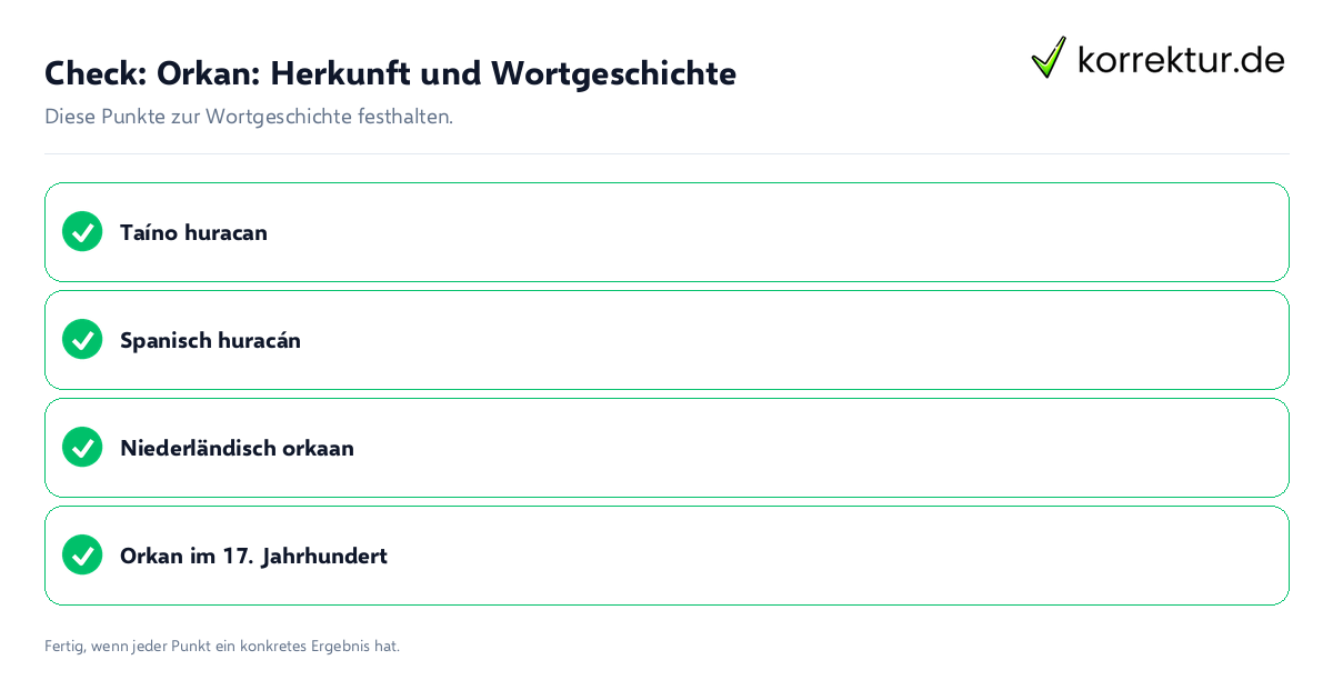 Check: Orkan: Herkunft und Wortgeschichte Orkan: Herkunft und Wortgeschichte: Prüfliste mit vier Punkten