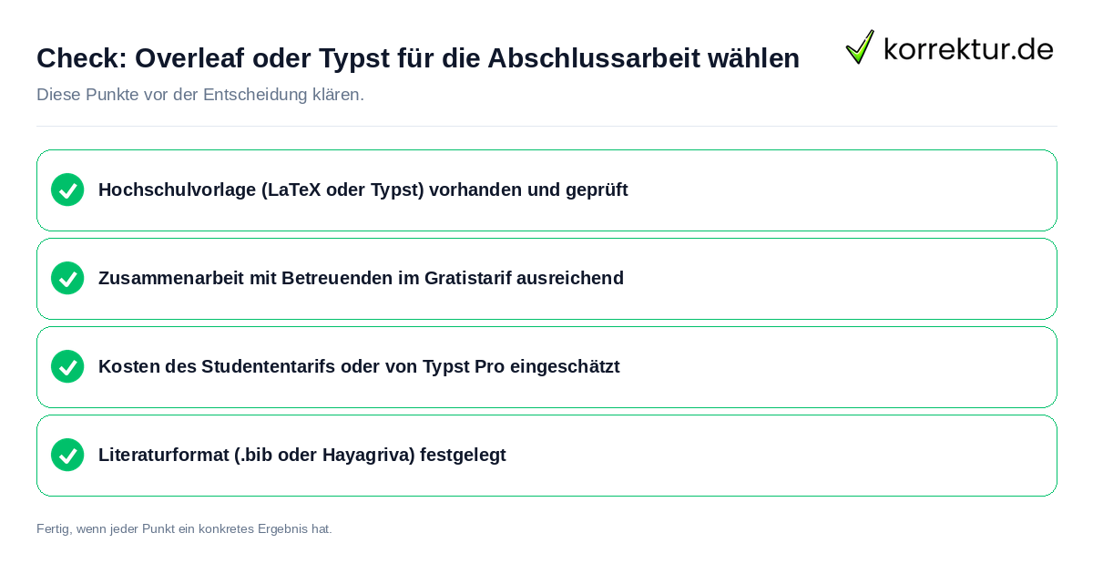 Check: Overleaf oder Typst für die Abschlussarbeit wählen Overleaf oder Typst für die Abschlussarbeit wählen: Prüfliste mit vier Punkten