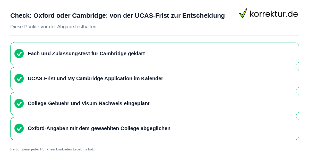 Oxford oder Cambridge: von der UCAS-Frist zur Entscheidung: Prüfliste mit vier Punkten