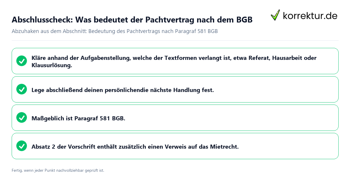 Abschlusscheck: Was bedeutet der Pachtvertrag nach dem BGB Konkreter Abschlusscheck zu Was bedeutet der Pachtvertrag nach dem BGB