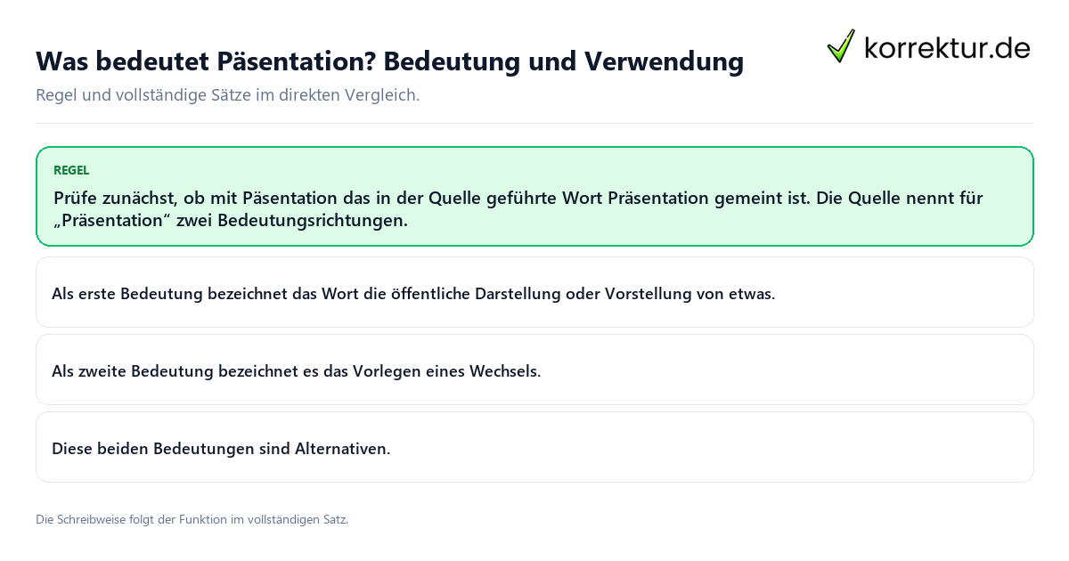 Konkrete Regel und vollständige Beispielsätze zu Was bedeutet Päsentation? Bedeutung und Verwendung