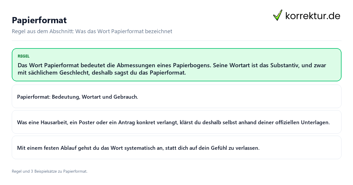 Konkrete Regel und vollständige Beispielsätze zu Papierformat