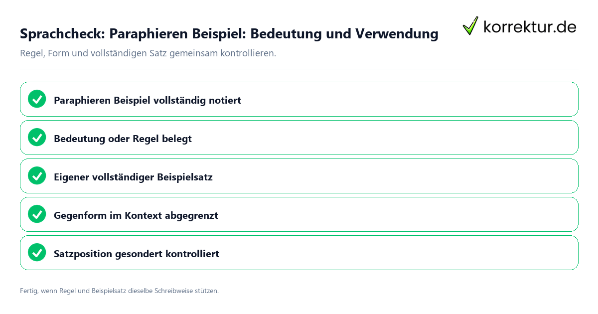 Konkreter Sprachcheck zu Paraphieren Beispiel: Bedeutung und Verwendung mit Regel und vollständigem Beispielsatz