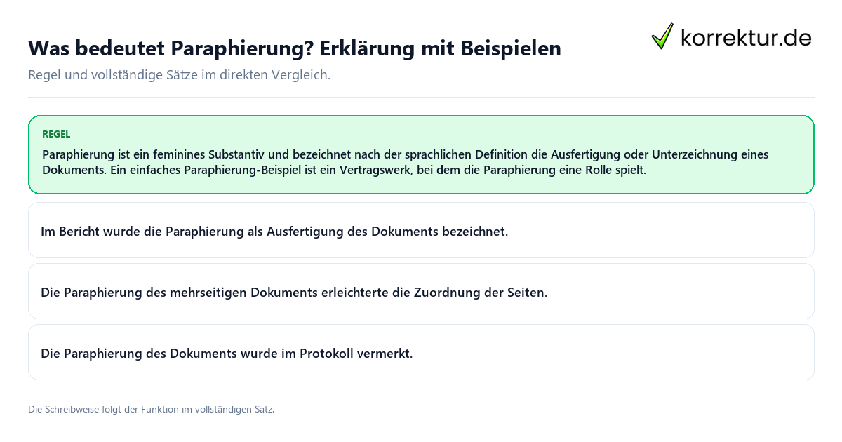 Konkrete Regel und vollständige Beispielsätze zu Was bedeutet Paraphierung? Erklärung mit Beispielen