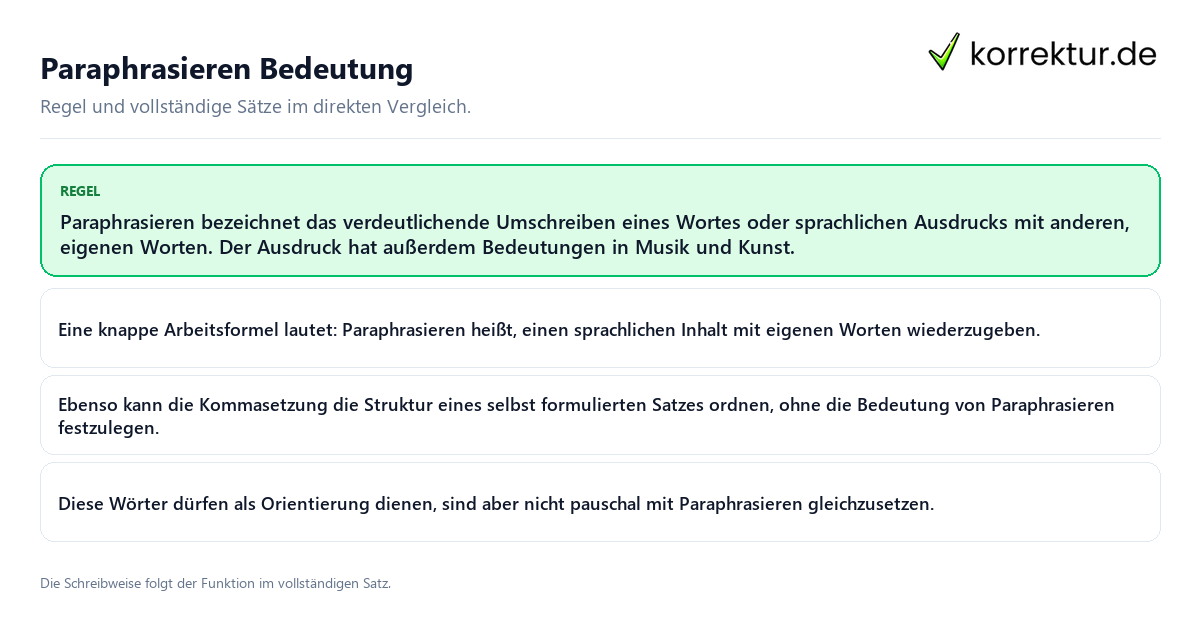 Konkrete Regel und vollständige Beispielsätze zu Paraphrasieren Bedeutung