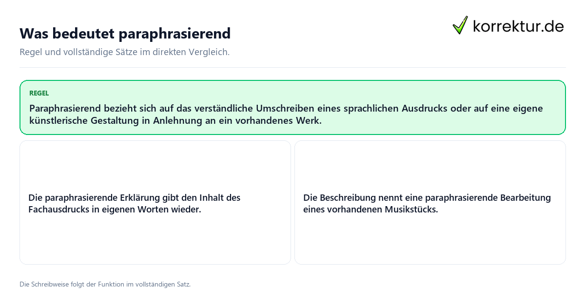 Konkrete Regel und vollständige Beispielsätze zu Was bedeutet paraphrasierend