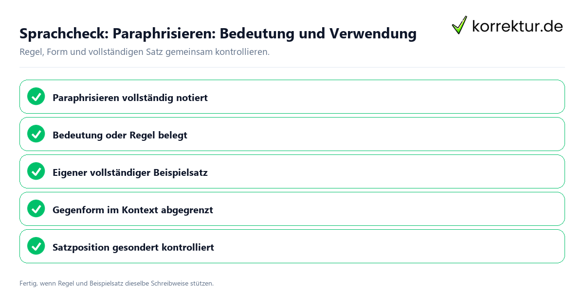 Konkreter Sprachcheck zu Paraphrisieren: Bedeutung und Verwendung mit Regel und vollständigem Beispielsatz