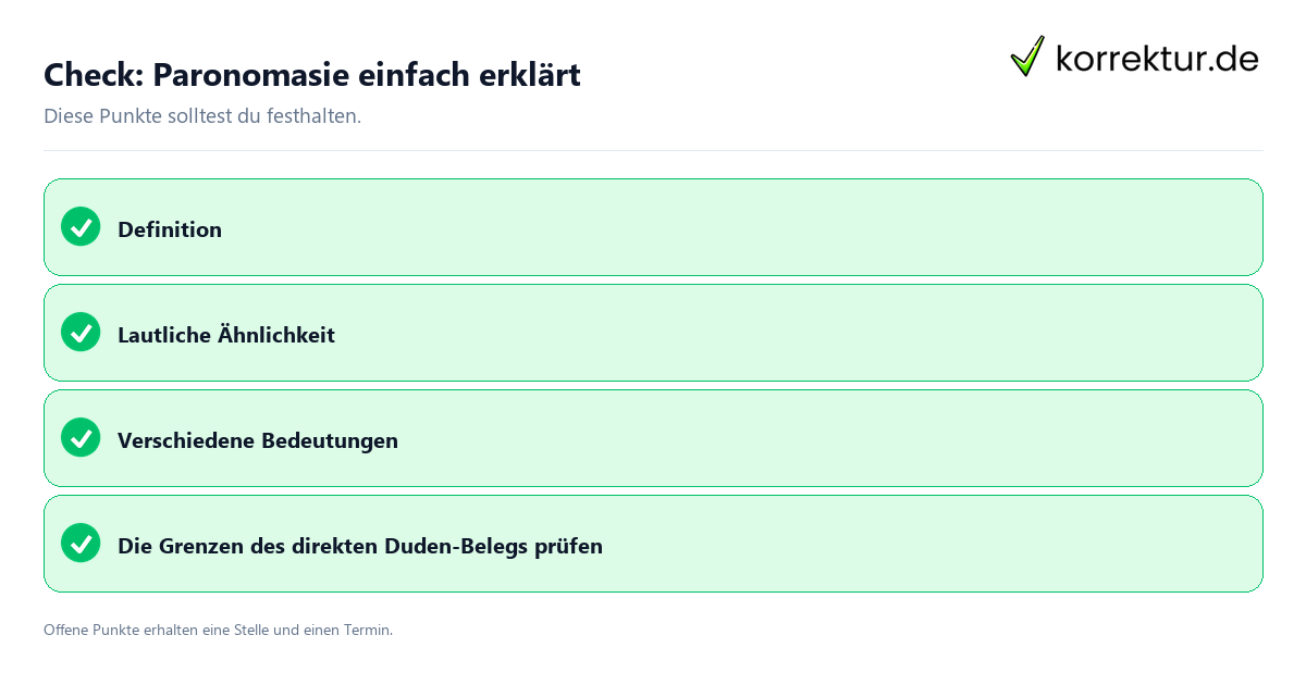 Paronomasie einfach erklärt mit Checkliste für Unterlagen und nächste Schritte