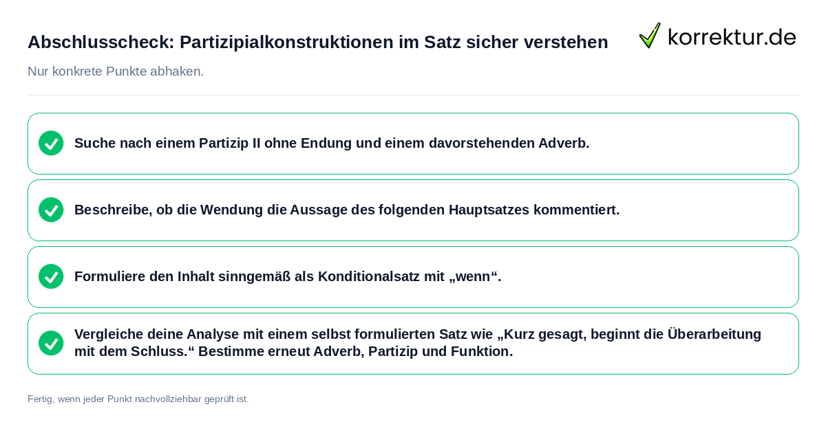 Konkreter Abschlusscheck zu Partizipialkonstruktionen im Satz sicher verstehen
