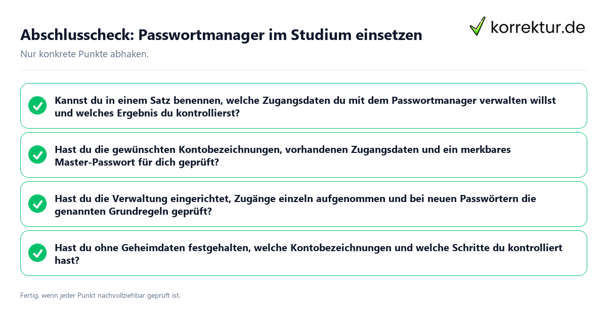 Konkreter Abschlusscheck zu Passwortmanager im Studium einsetzen