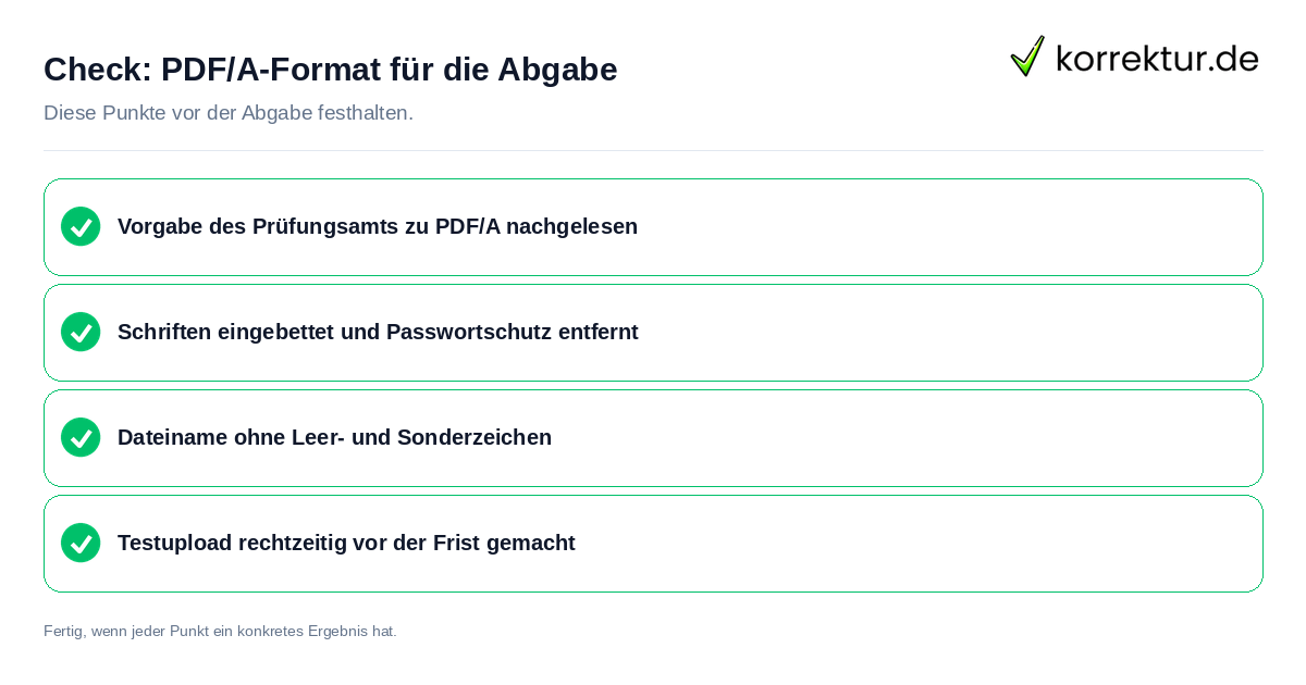 PDF/A-Format für die Abgabe: Prüfliste mit vier Punkten