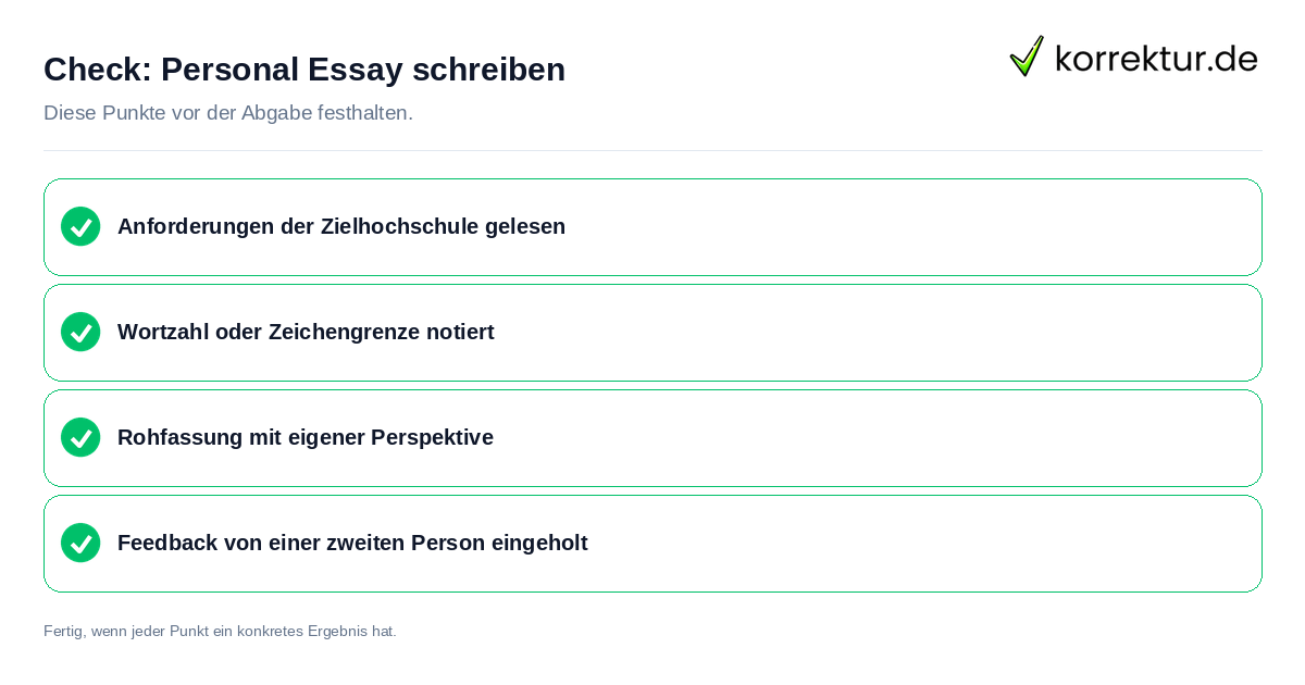 Check: Personal Essay schreiben Personal Essay schreiben: Prüfliste mit vier Punkten