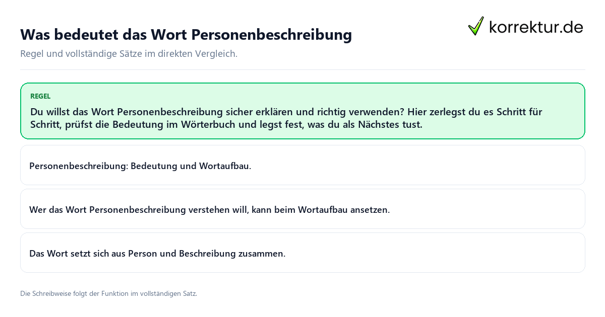 Was bedeutet das Wort Personenbeschreibung Konkrete Regel und vollständige Beispielsätze zu Was bedeutet das Wort Personenbeschreibung