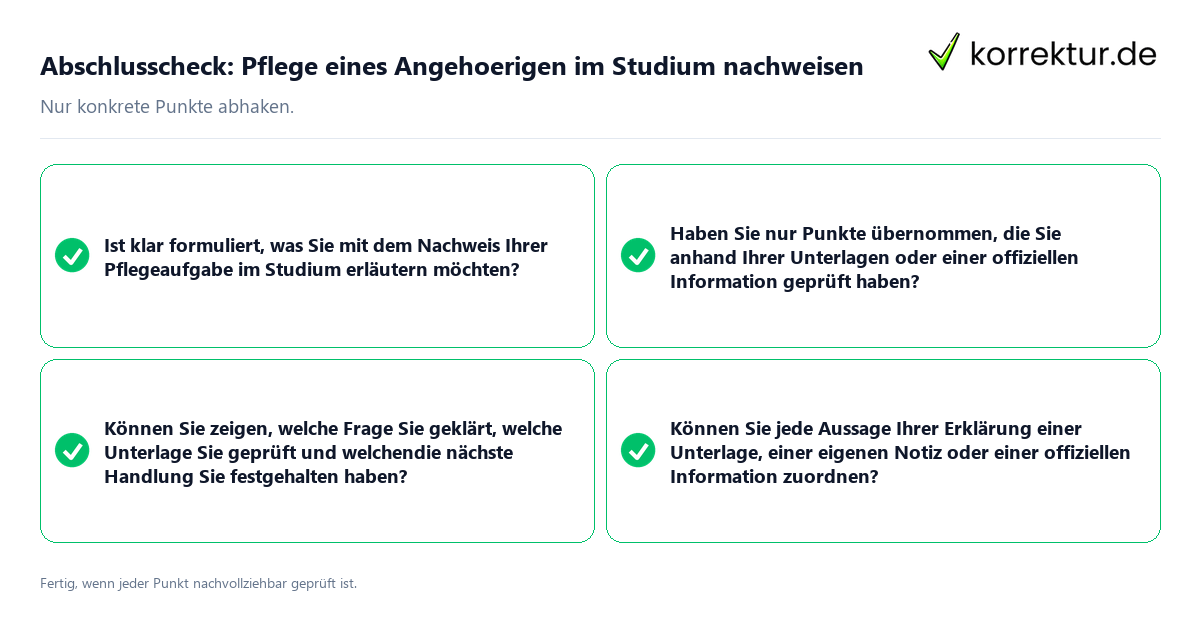 Konkreter Abschlusscheck zu Pflege eines Angehoerigen im Studium nachweisen