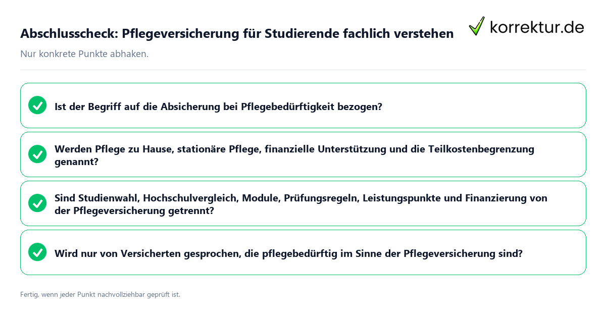 Konkreter Abschlusscheck zu Pflegeversicherung für Studierende fachlich verstehen