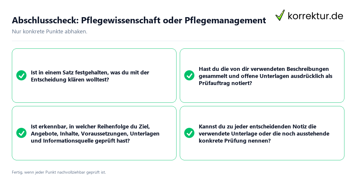 Abschlusscheck: Pflegewissenschaft oder Pflegemanagement Konkreter Abschlusscheck zu Pflegewissenschaft oder Pflegemanagement
