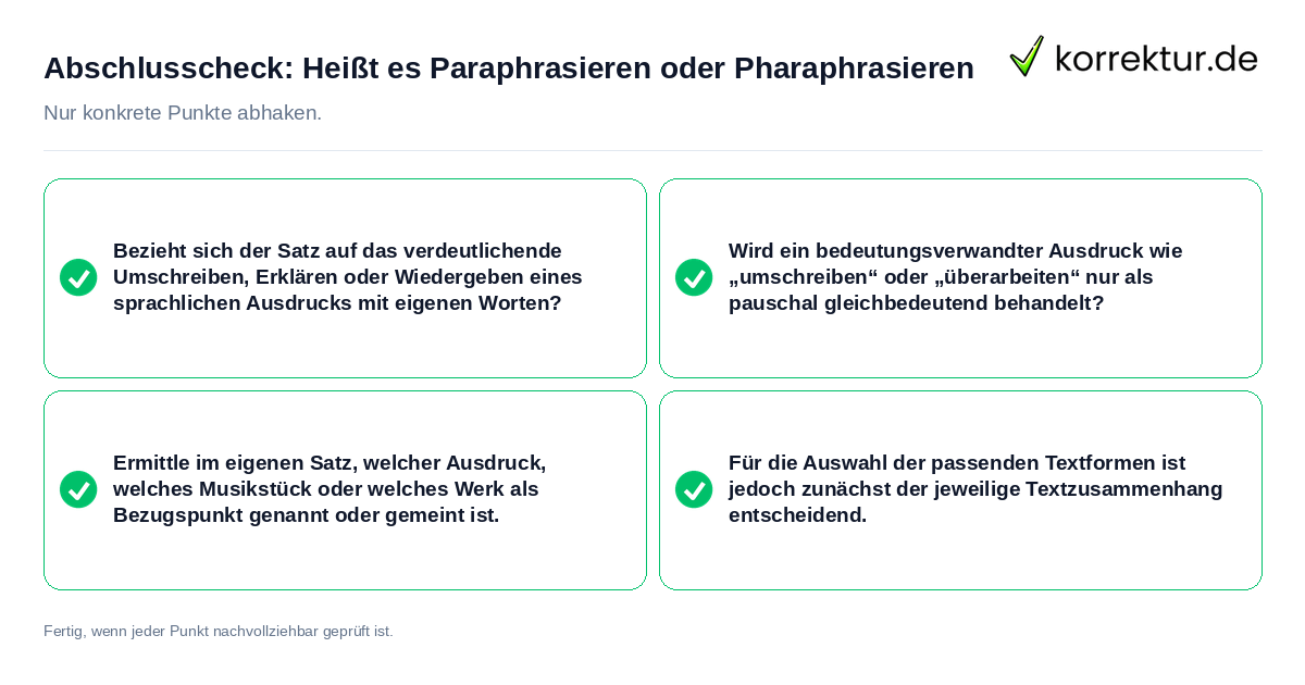 Abschlusscheck: Heißt es Paraphrasieren oder Pharaphrasieren Konkreter Abschlusscheck zu Heißt es Paraphrasieren oder Pharaphrasieren