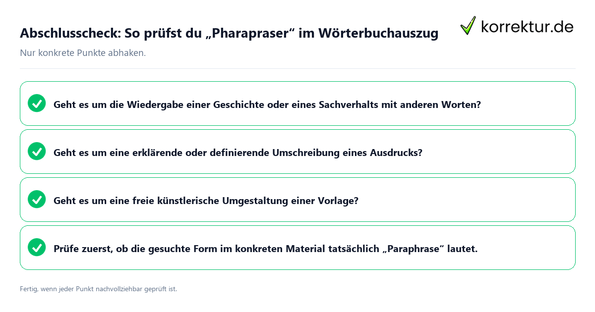 Konkreter Abschlusscheck zu So prüfst du „Pharapraser“ im Wörterbuchauszug