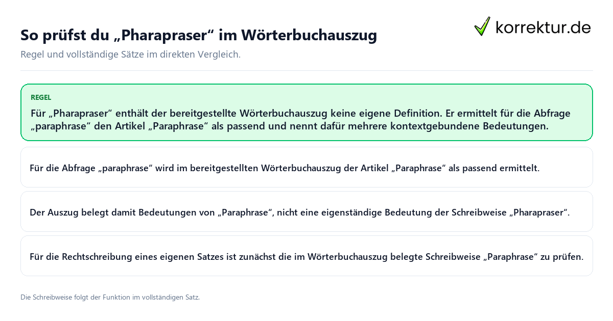 Konkrete Regel und vollständige Beispielsätze zu So prüfst du „Pharapraser“ im Wörterbuchauszug