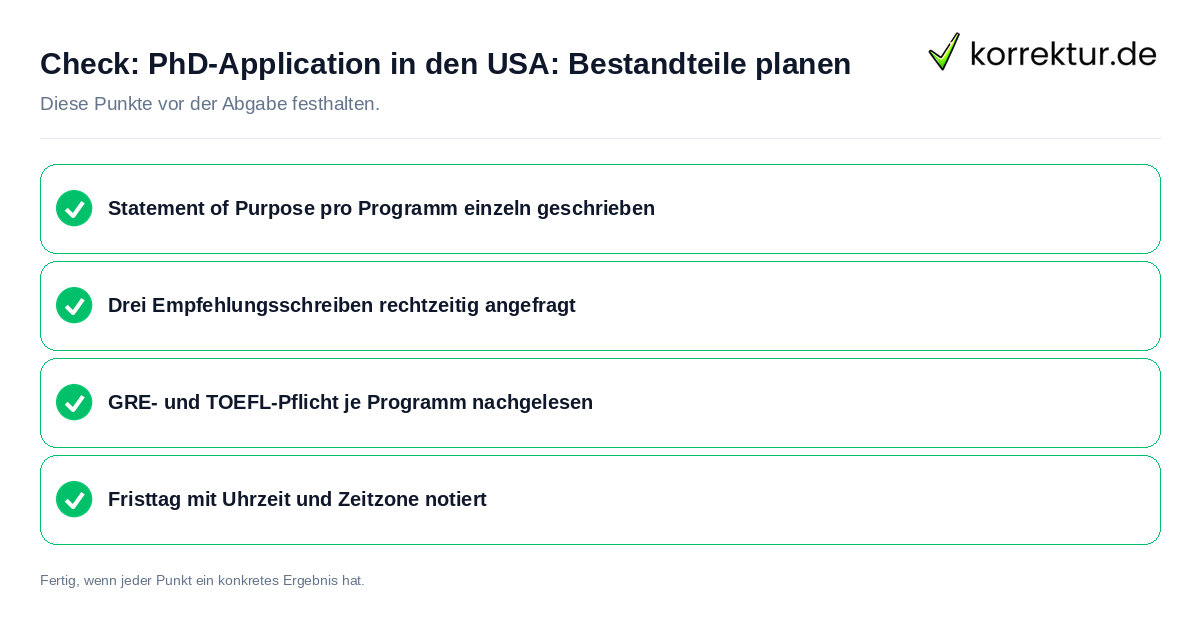 PhD-Application in den USA: Bestandteile planen: Prüfliste mit vier Punkten