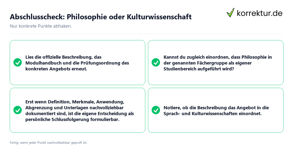 Konkreter Abschlusscheck zu Philosophie oder Kulturwissenschaft
