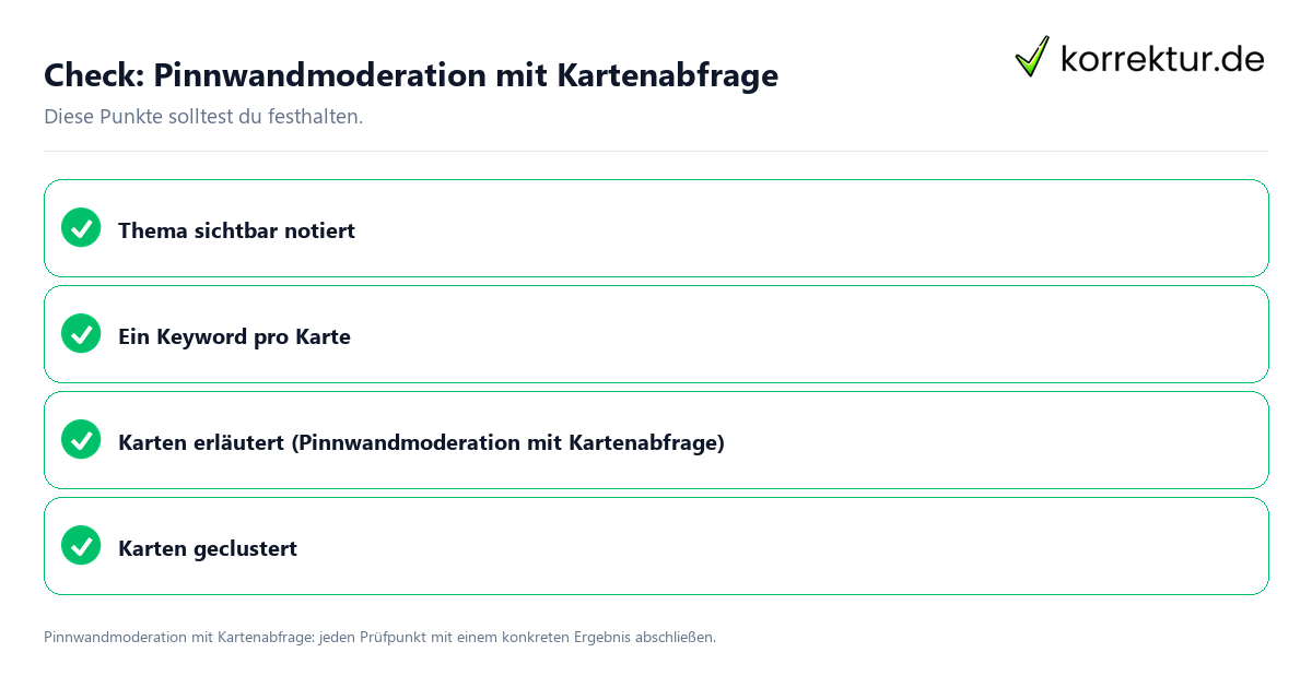 Pinnwandmoderation mit Kartenabfrage mit einer themenspezifischen Checkliste