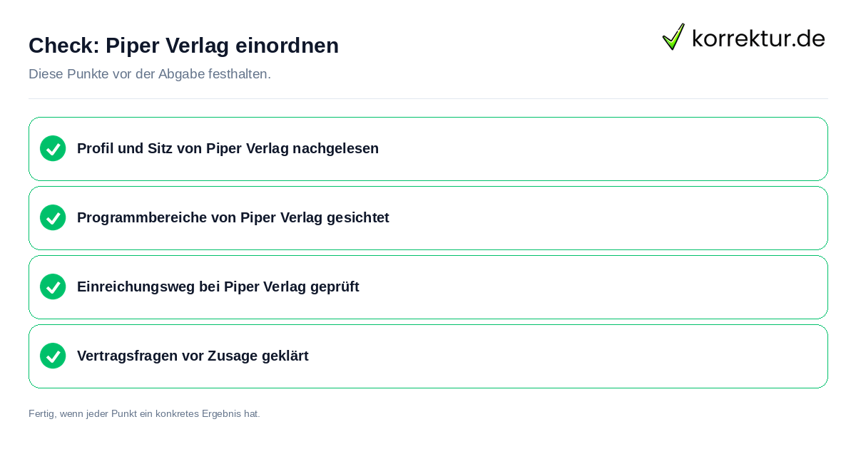 Check: Piper Verlag einordnen Piper Verlag einordnen: Prüfliste mit vier Punkten