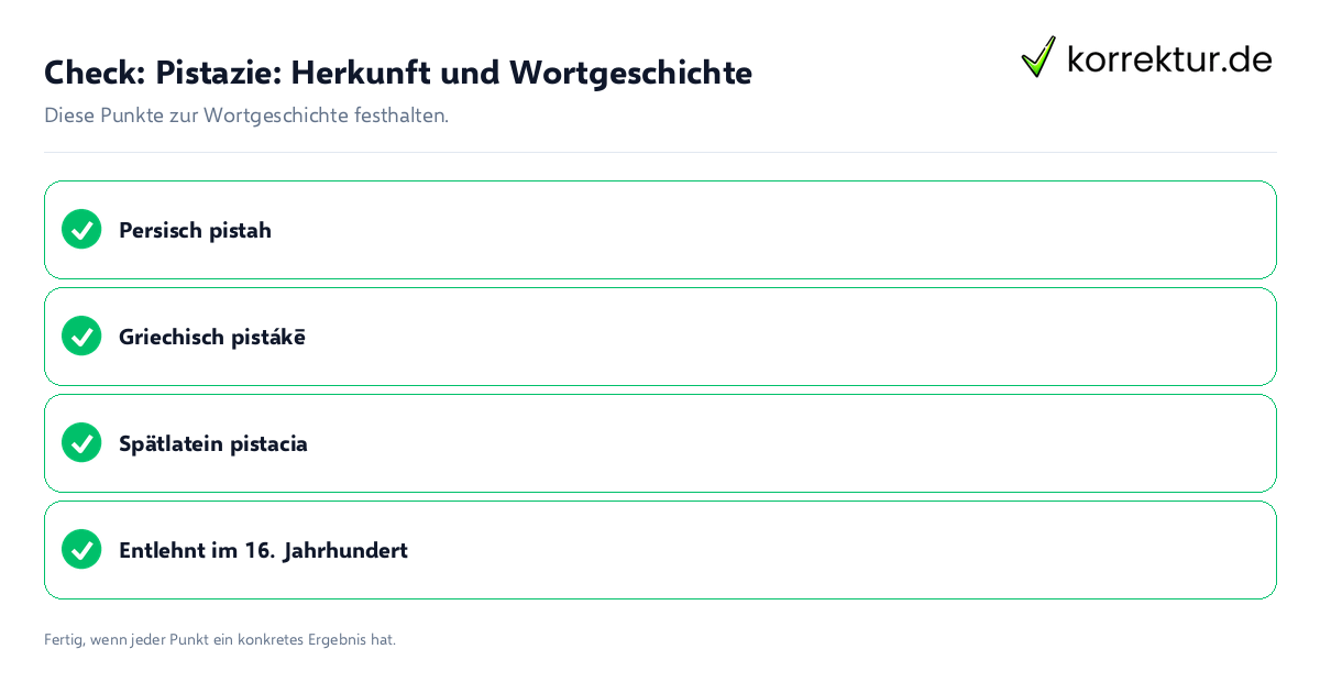 Pistazie: Herkunft und Wortgeschichte: Prüfliste mit vier Punkten