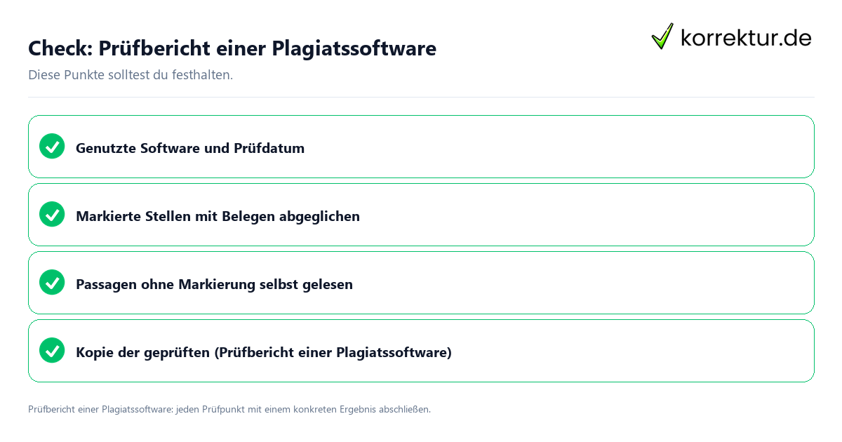 Prüfbericht einer Plagiatssoftware mit einer themenspezifischen Checkliste
