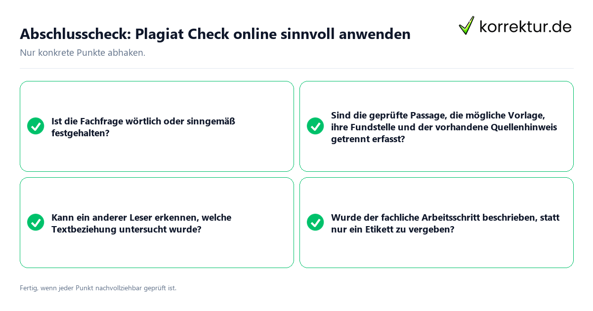 Konkreter Abschlusscheck zu Plagiat Check online sinnvoll anwenden