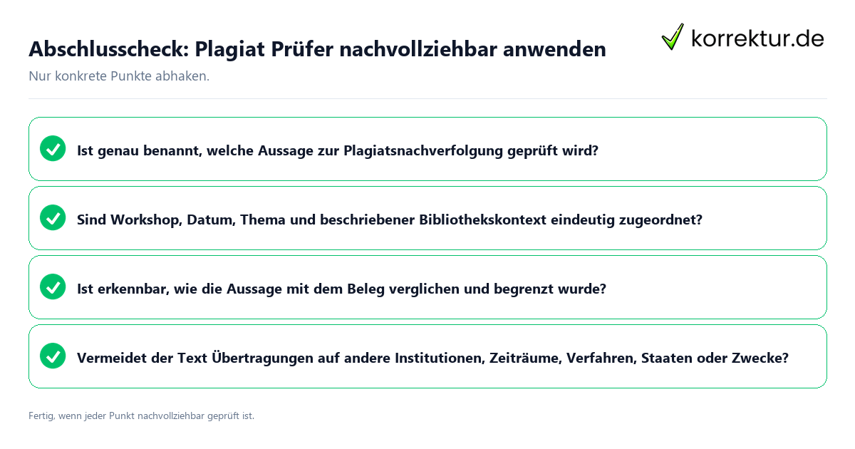 Konkreter Abschlusscheck zu Plagiat Prüfer nachvollziehbar anwenden