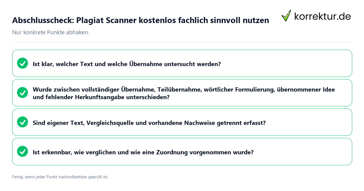 Konkreter Abschlusscheck zu Plagiat Scanner kostenlos fachlich sinnvoll nutzen