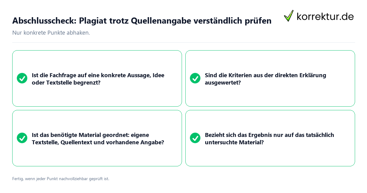 Konkreter Abschlusscheck zu Plagiat trotz Quellenangabe verständlich prüfen