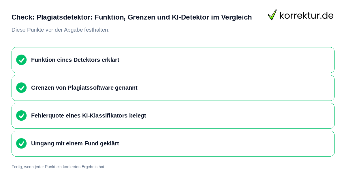 Check: Plagiatsdetektor: Funktion, Grenzen und KI-Detektor im Vergleich Plagiatsdetektor: Funktion, Grenzen und KI-Detektor im Vergleich: Prüfliste mit vier Punkten