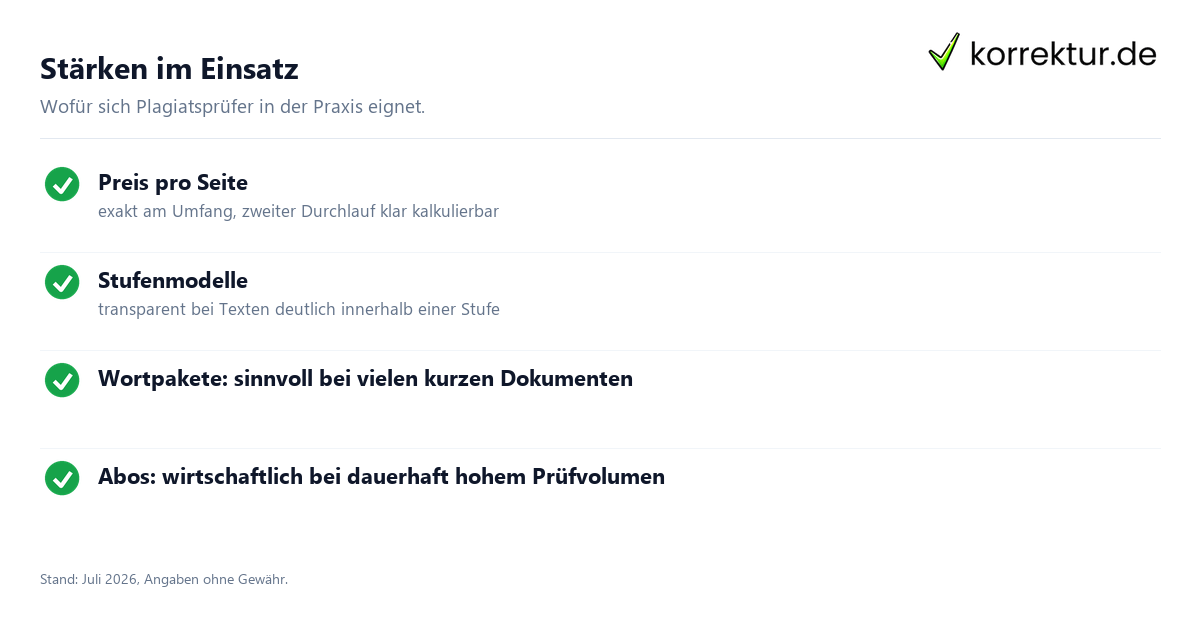 Stärken im Einsatz Anbieter für Plagiatsprüfung im Preisvergleich: Stärken im Überblick