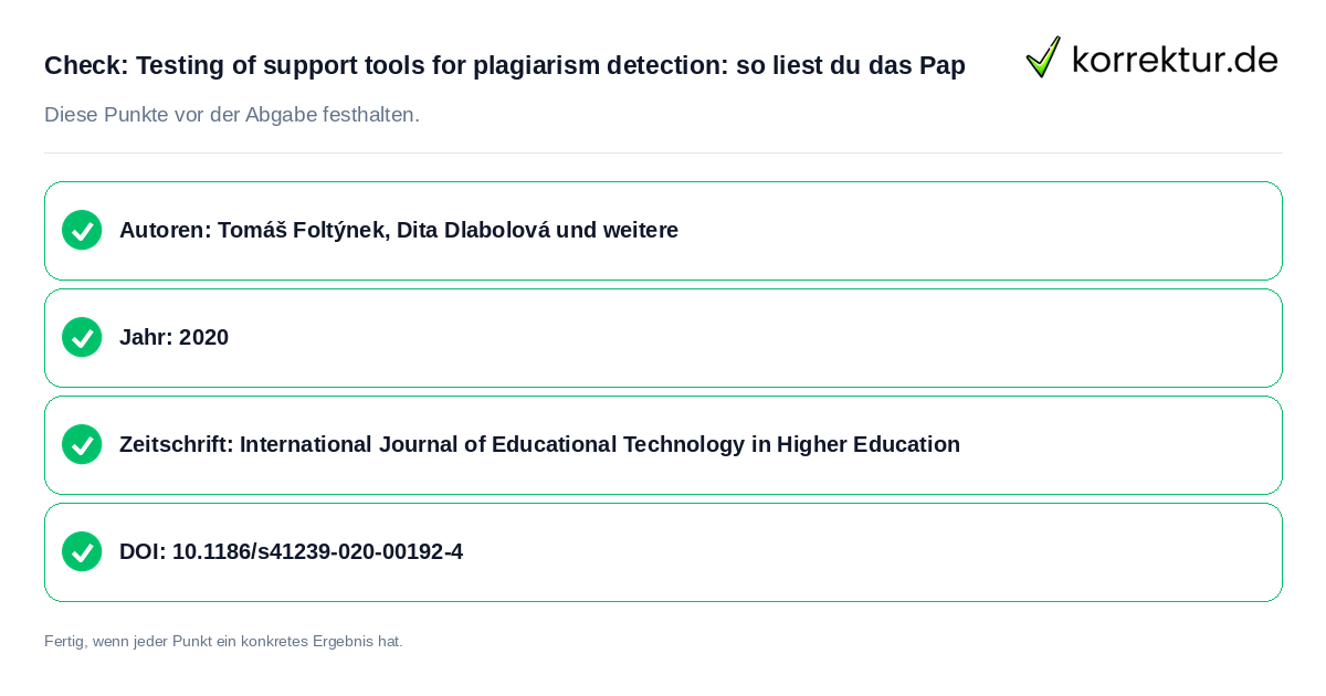 Check: Testing of support tools for plagiarism detection Testing of support tools for plagiarism detection: so liest du das Pap: Prüfliste mit vier Punkten