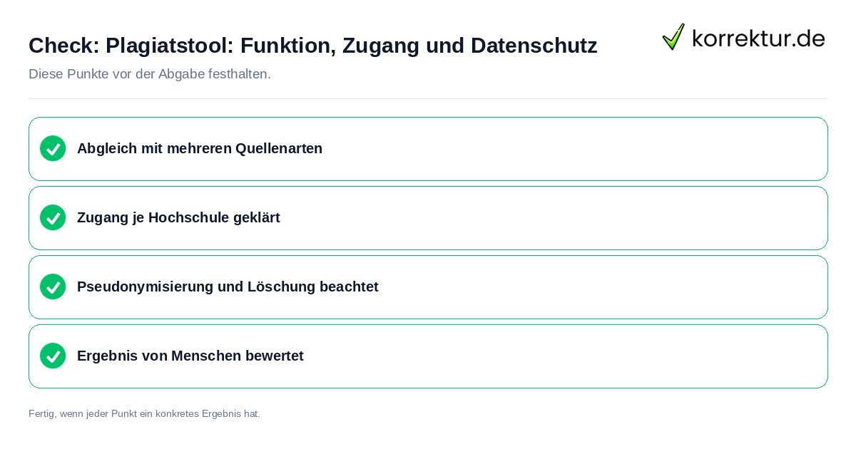 Plagiatstool: Funktion, Zugang und Datenschutz: Prüfliste mit vier Punkten