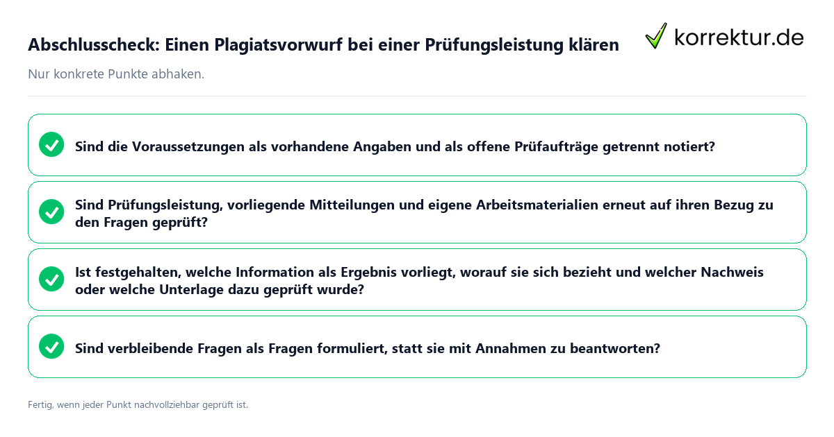 Konkreter Abschlusscheck zu Einen Plagiatsvorwurf bei einer Prüfungsleistung klären