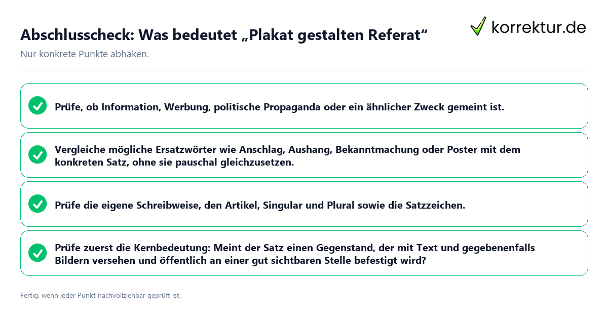 Konkreter Abschlusscheck zu Was bedeutet „Plakat gestalten Referat“