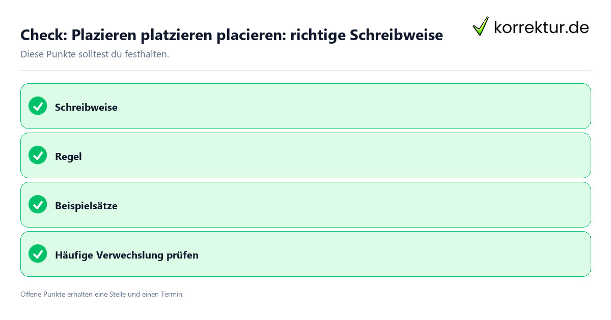 Check: Plazieren platzieren placieren: richtige Schreibweise Plazieren platzieren placieren: richtige Schreibweise mit Checkliste für Unterlagen und nächste Schritte