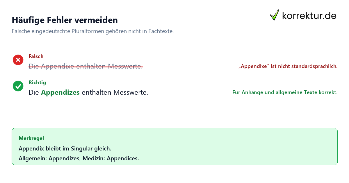 Häufige Fehler vermeiden Plural von Appendix richtig schreiben: Appendizes statt Appendixe
