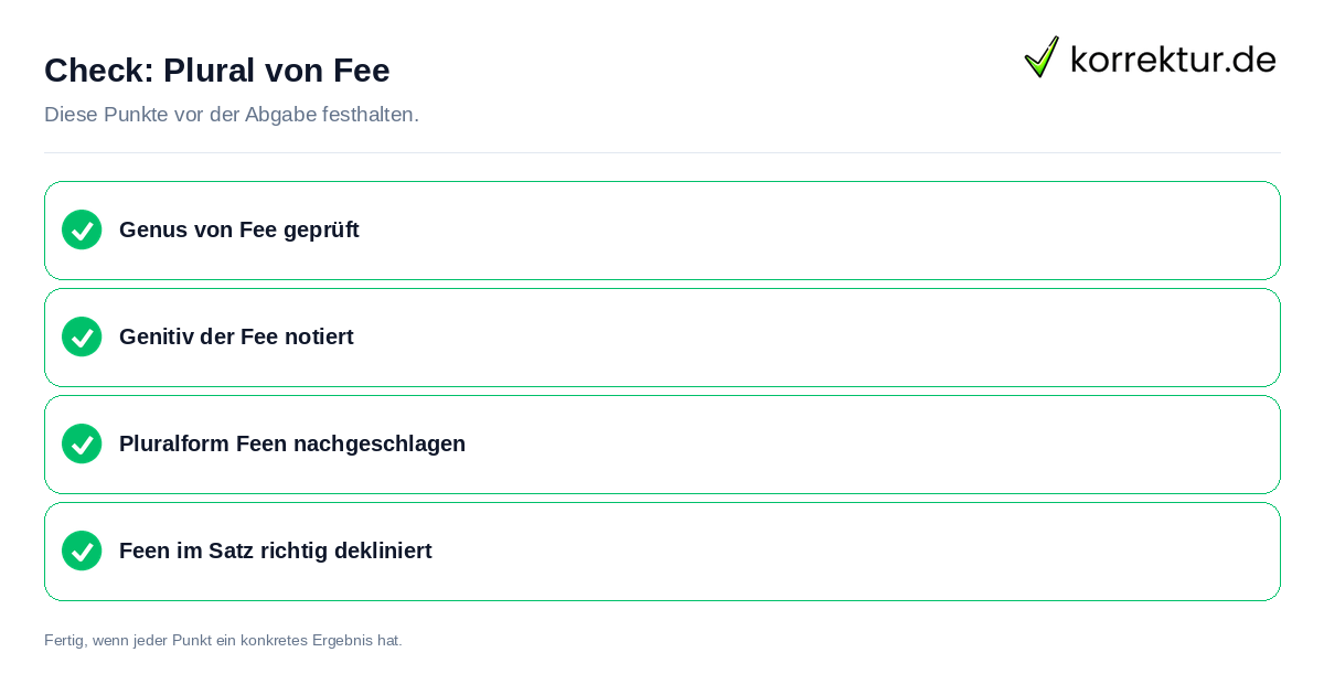 Check: Plural von Fee Plural von Fee: Prüfliste mit vier Punkten